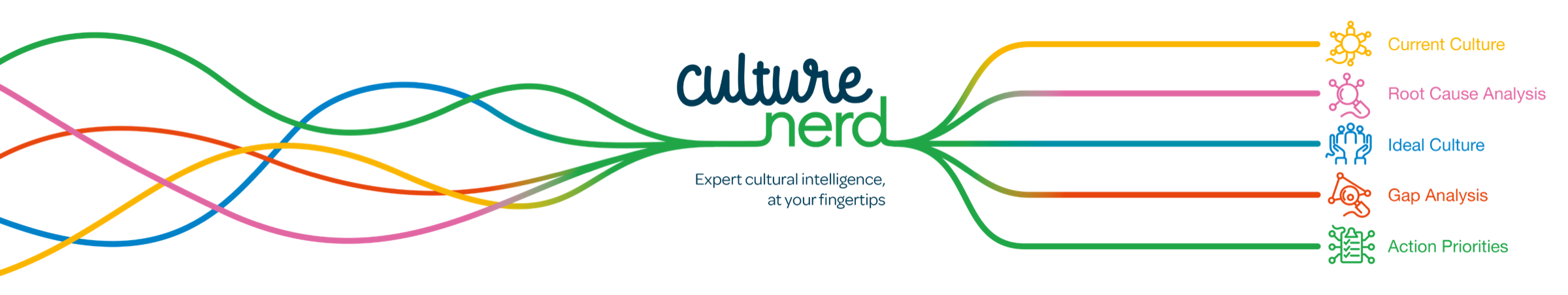 Culture evidence streams converging into Culture Nerd, then fanning out to Current Culture, Root Cause Analysis, Ideal Culture, Gap Analysis and Action Priorities